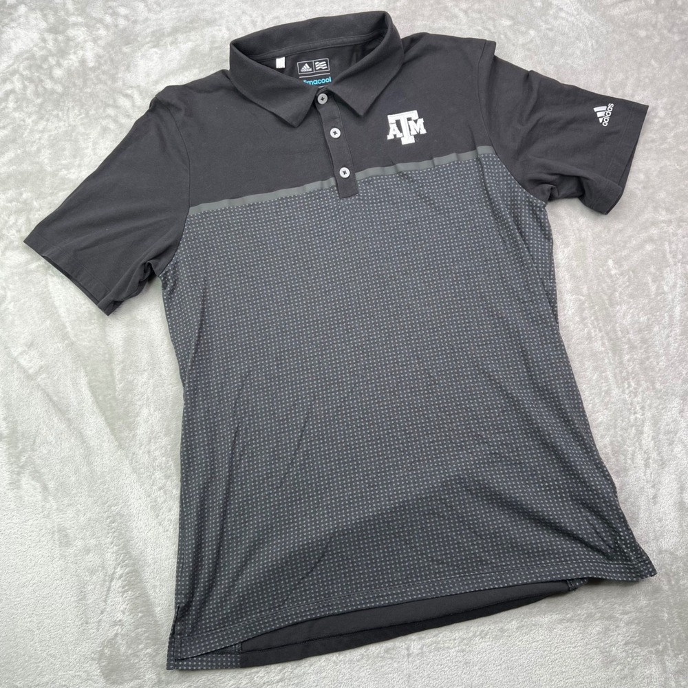Adidas Texas A&M Polo Shirt Mens Medium Black Gray Dotted ClimaCool Short Sleeve